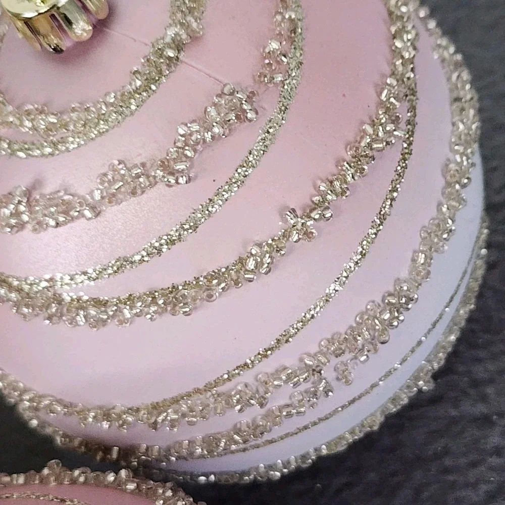 4 Pink Gold Beaded Christmas Round‎ Ball Ornaments Ombre Rose Gold Plastic 4